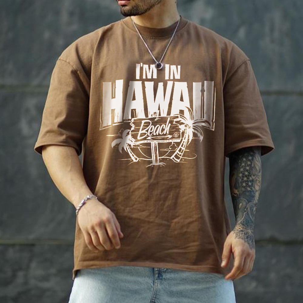 Men's Vintage Hawaii Print T-Shirt、、URBENIE