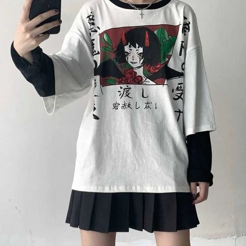 NiceMix Harajuku Streetwear Vintage White T Shirt Women Gothic Tops Kawaii Cartoon Funny Anime Printed Teen Girl Long Sleeve Tee