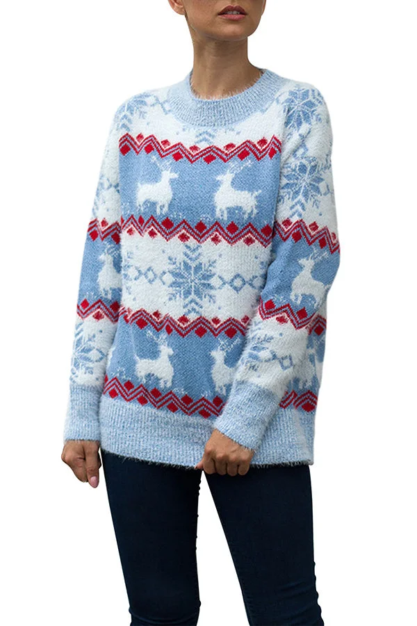 Crew Neck Reindeer Christmas Sweater Light Blue-elleschic