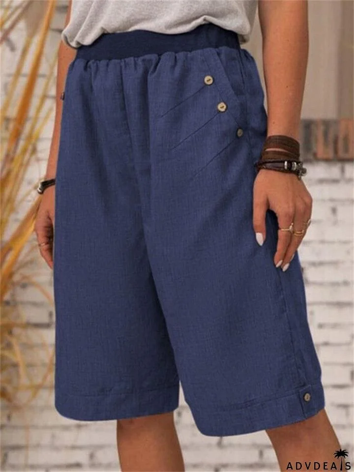 Loose Button-Decorated Elastic Waist Straight Linen Shorts