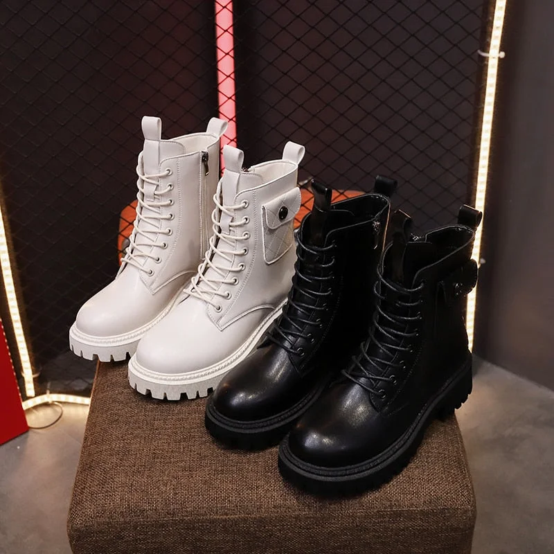 2021 Autumn Fashion Platform Boots White Lace Up Punk Ankle Boot For Women Soft Round Toe Combat  Black Boots Ladies Shoes