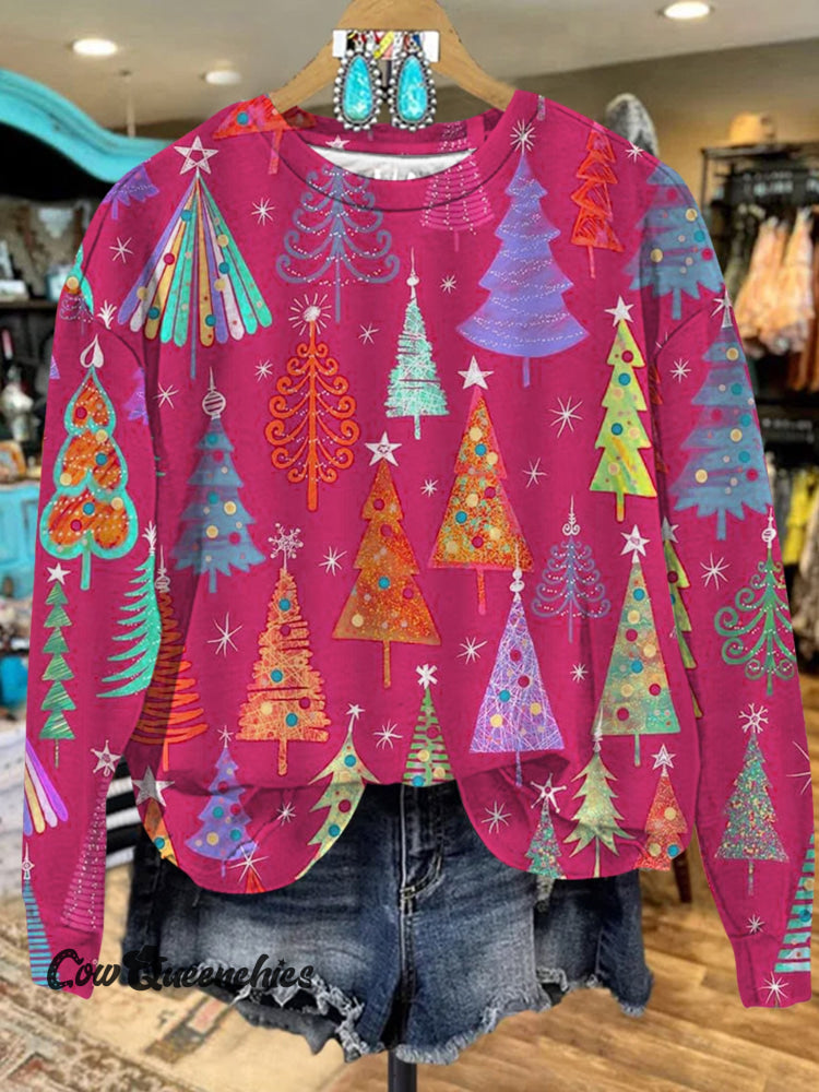 Vintage Pink Christmas Tree Art Casual Sweatshirt Multicolor / S