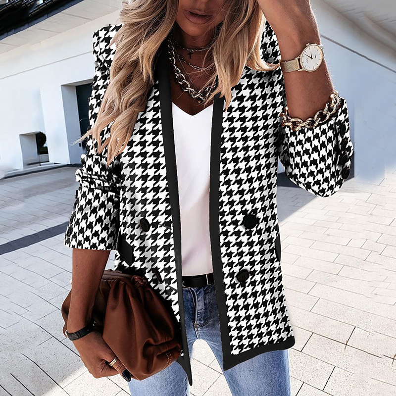 Long Sleeve Houndstooth Print Lapel Coat