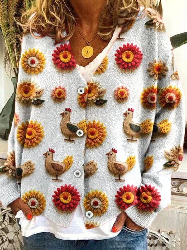 Women's Cute Chicken Casual Vintage Print Long Sleeve Cardigan