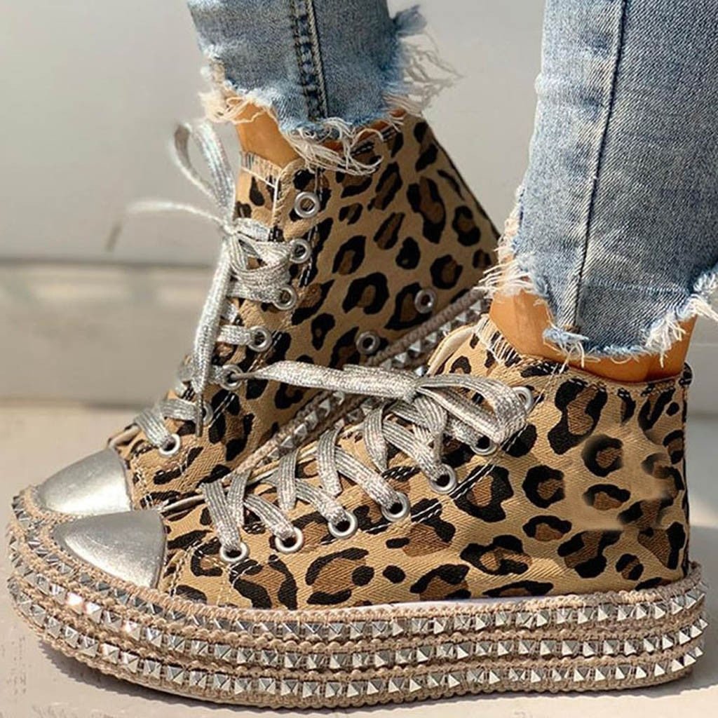 2020 New Casual Shoes Women Lace-Up High-Top Shoes Female Sneakers Leopard Hemp Rope Women's Sneakers Thick Bottom Canvas Shoes