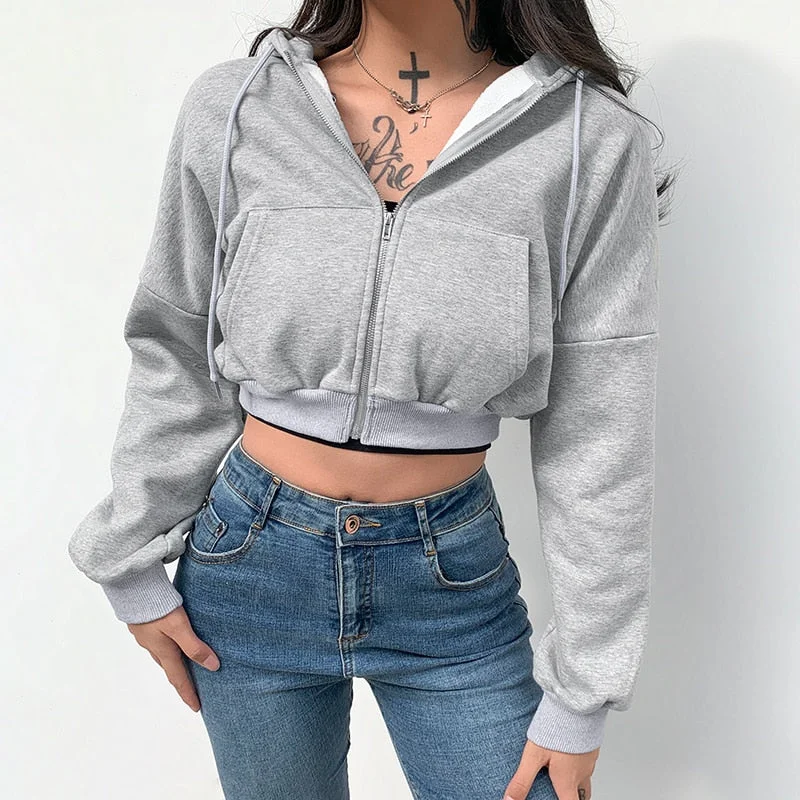 Rapcopter Casual Zipper Basic Short Pollovers Autumn Winter Long Sleeve Hoody Sweatshirts Hooded Streetwear Women Outfits Coats