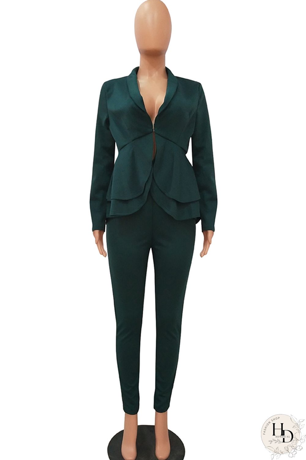 Black Casual Two Piece Suits Patchwork ruffle Solid pencil Long Sleeve