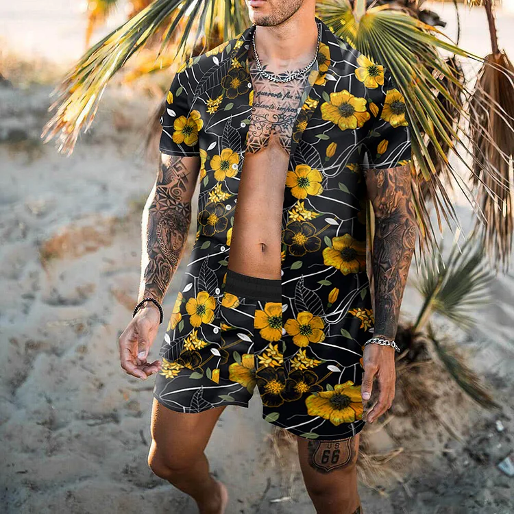 Men Beach Holiday Style Floral Printed Suits Two Piece Set