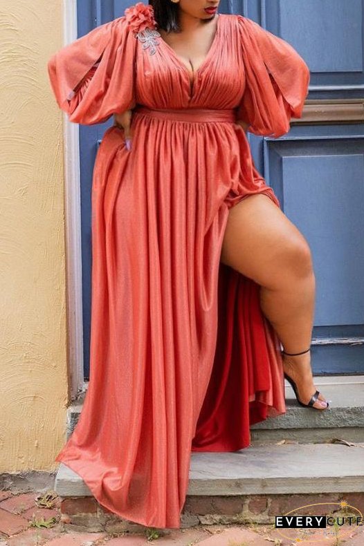 Plus Size Plain Dresses Long Sleeve Lantern Sleeve Maxi Dress
