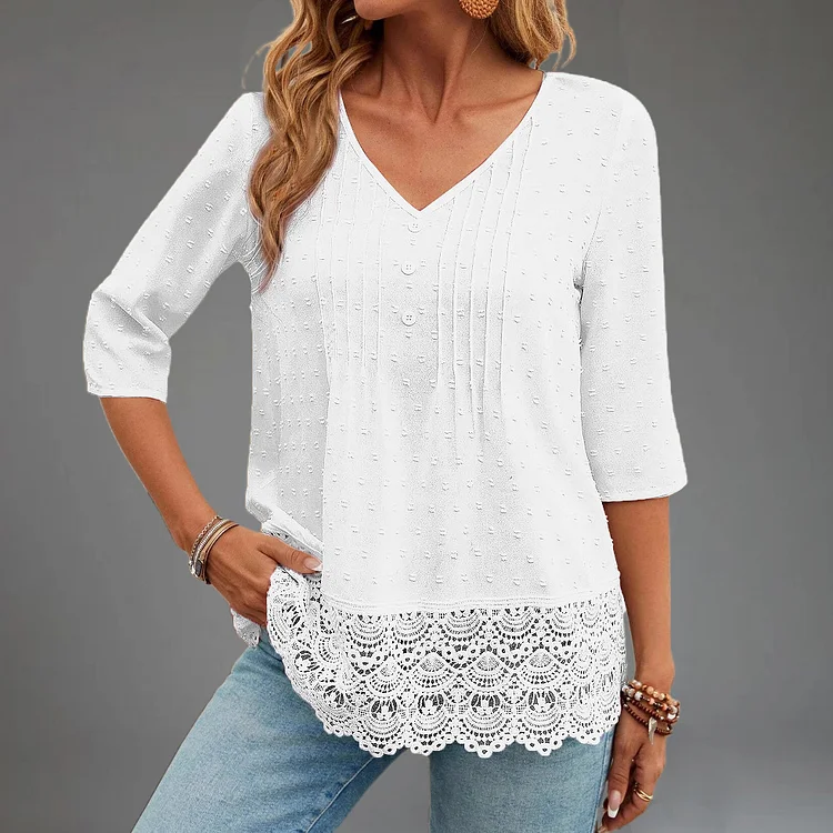 Everyday Swiss Dot V Neck 3/4 Sleeve Guipure Lace Blouse