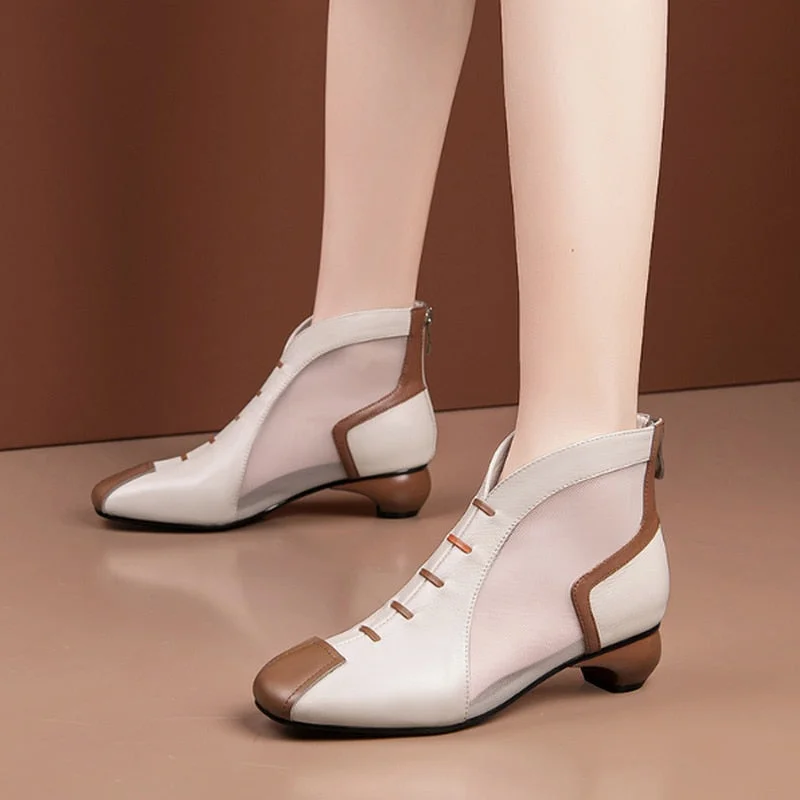 Mesh Boots Women's Shoes Ankle Sandals Boots 2020 Summer Square MID Heel Back Zip Soft LEATHER Female Footwear Black Beige