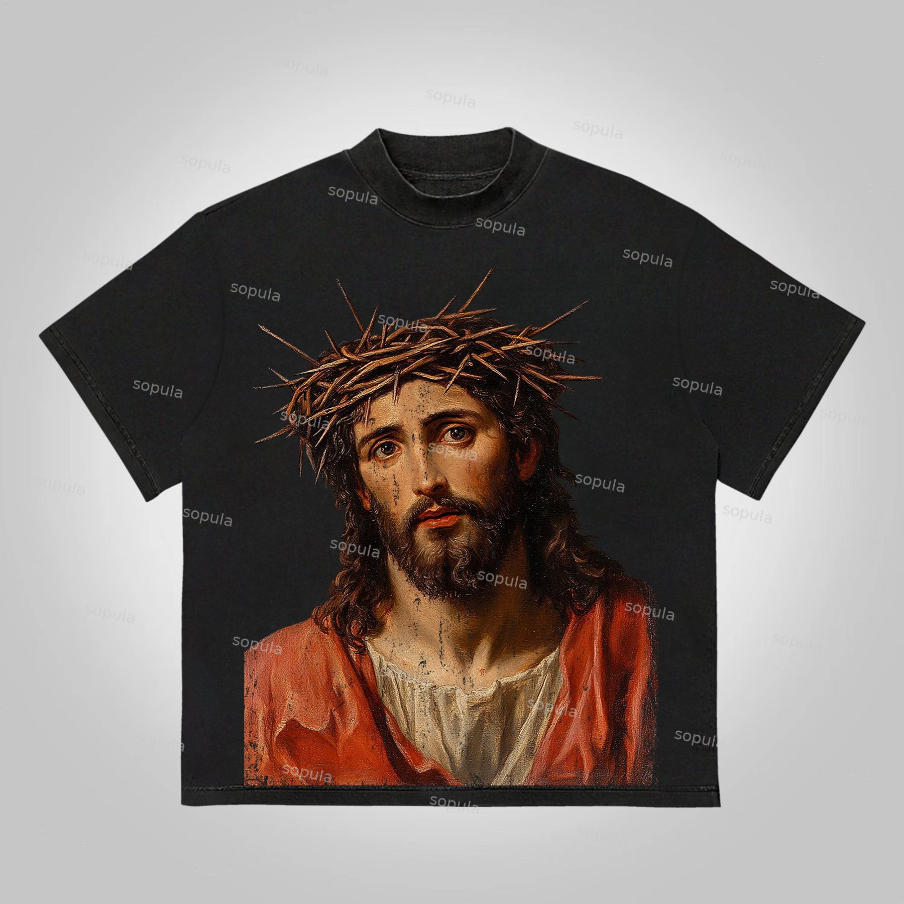 Sopula Vintage Jesus Portrait Graphic Print Cotton T-Shirt - SOPULA