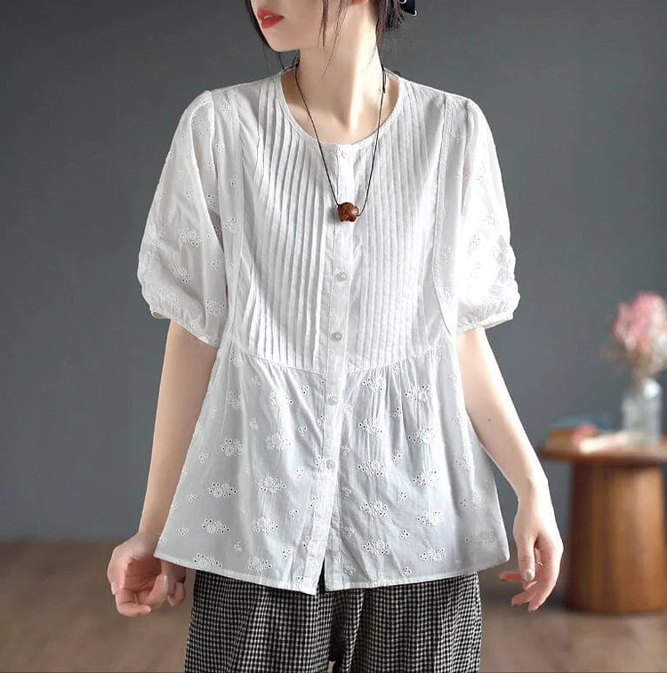 Summer Retro Loose Solid Linen Embroidery Blouse