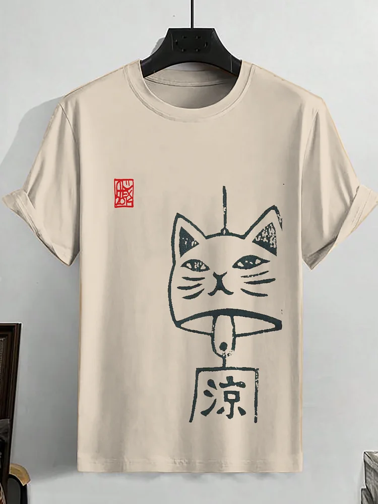 Men's Wind Chimes Cat Japanese Art Print Cotton Casual T-Shirt
