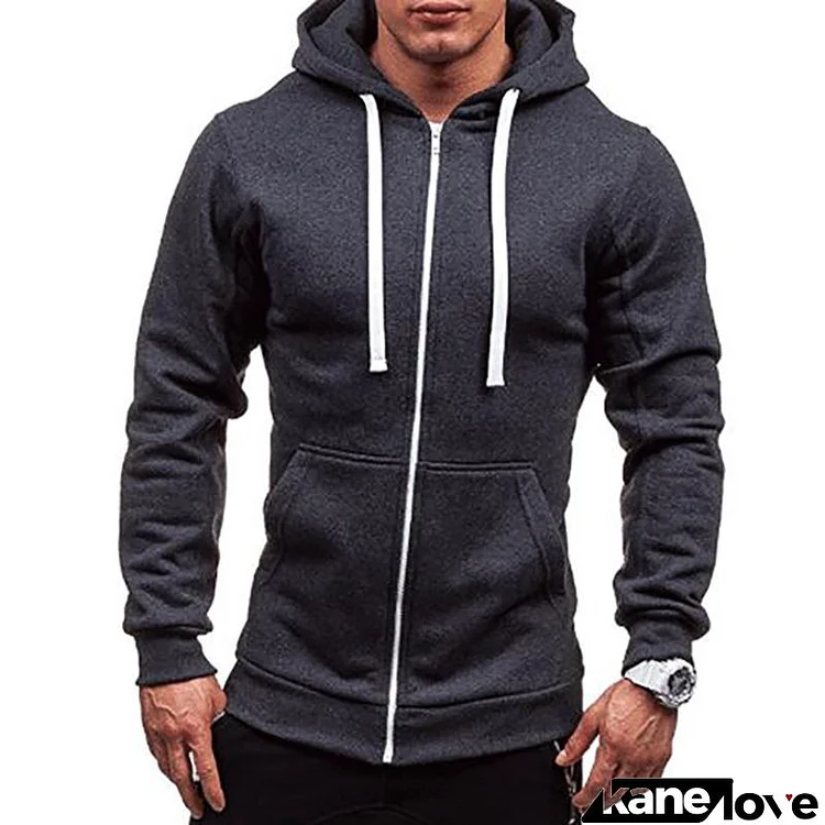 Men Basic Long Sleeve Hat Rope Zipper Pocket Design Hoodie