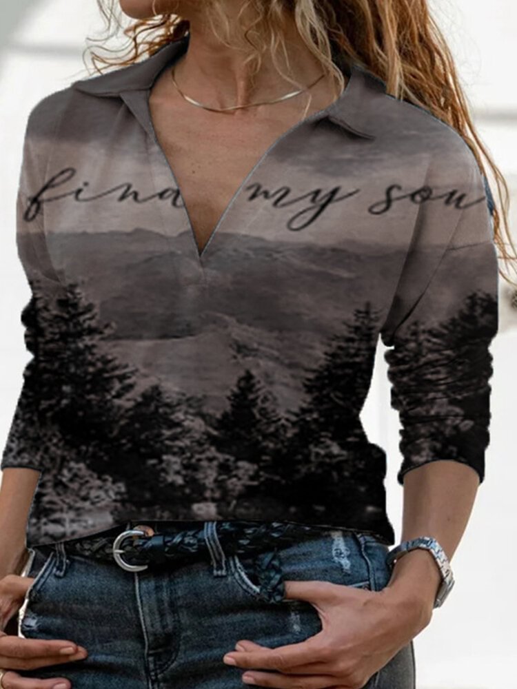 Landscape Prints Long Sleeves Casual Lapel Blouse Shirt For Women P1762693