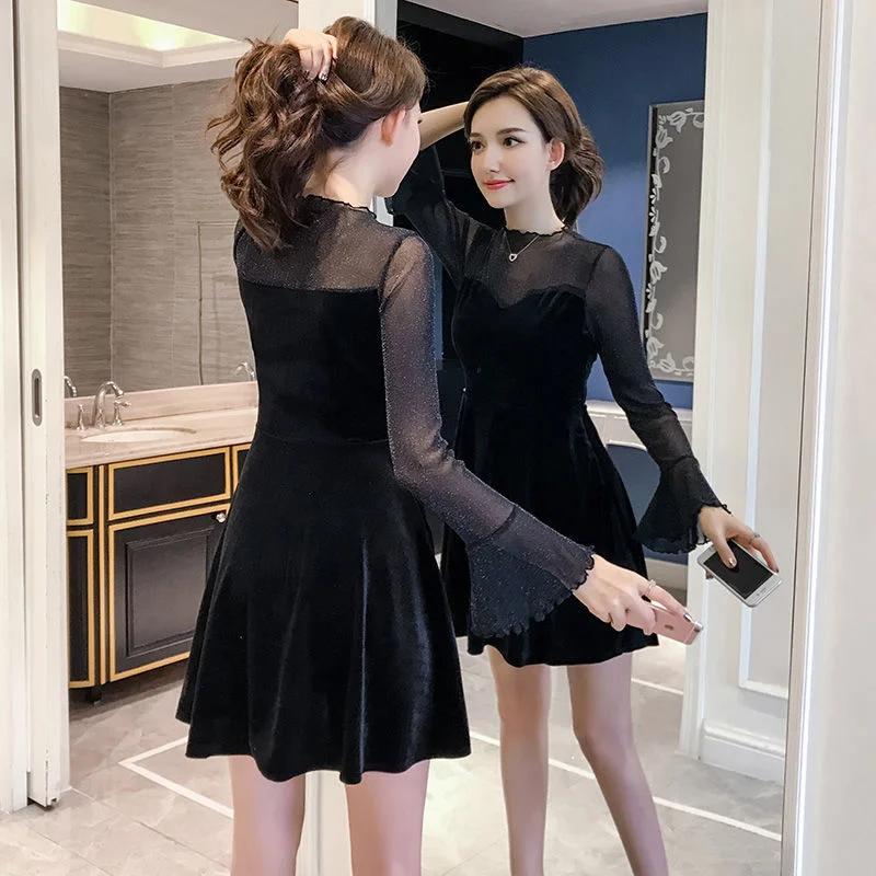 Mesh Dress Women Long Sleeve Sexy Velvet Tube Dress Elegant Black Mini Party Dresses Ruffles Elegant Ladies Clothes