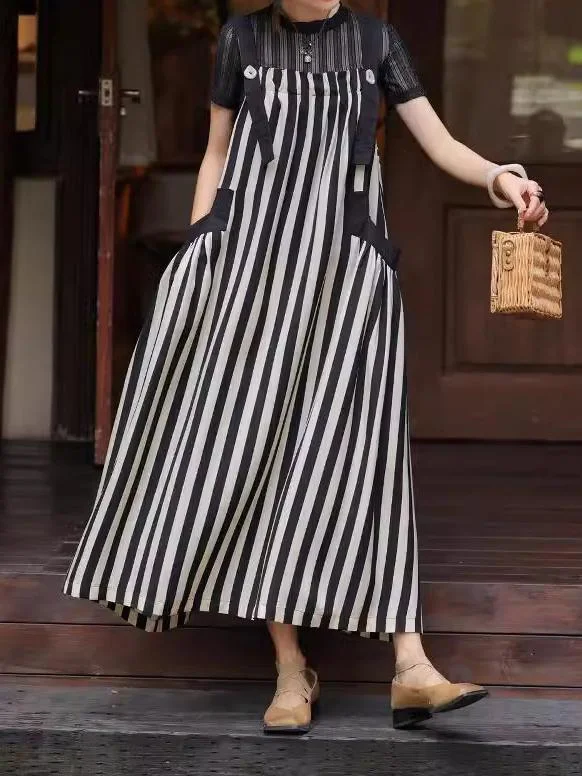 Women's Striped Suspender Sleeveless Off-shoulder Maxi Dress