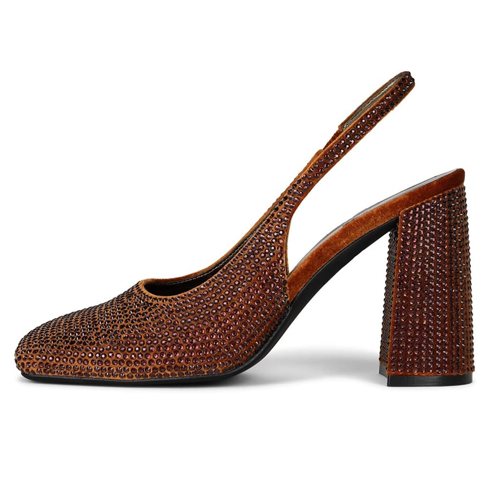 Brown Square Toe Glitter Pumps Slingback Chunky Heels Nicepairs