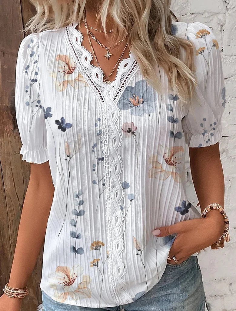White Short Sleeve Print Top