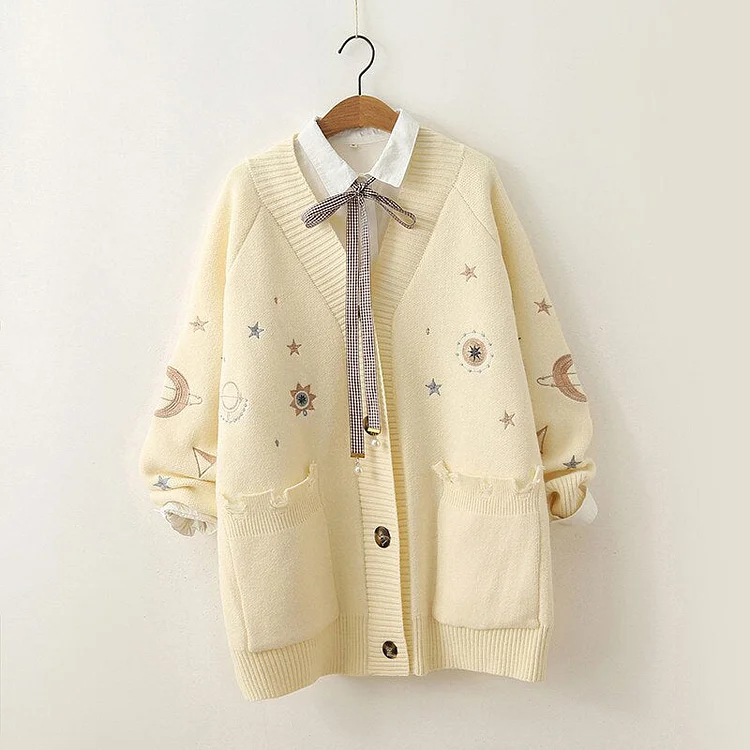 Soft Color Stars Moon Embroidery Cardigan Sweater - Gotamochi Kawaii Shop, Kawaii Clothes