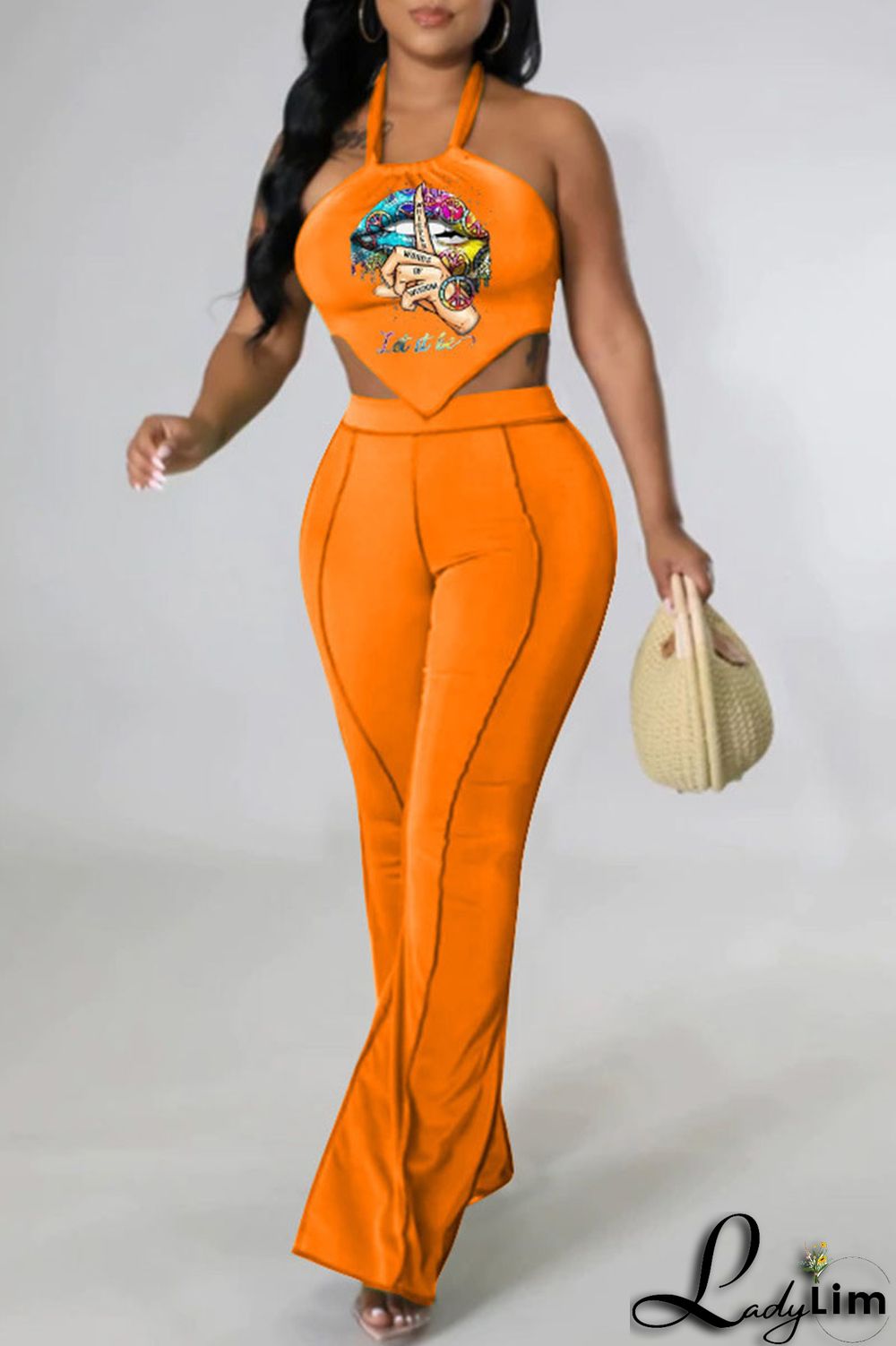 Orange Sexy Lips Printed Backless Asymmetrical Halter Sleeveless Two Pieces