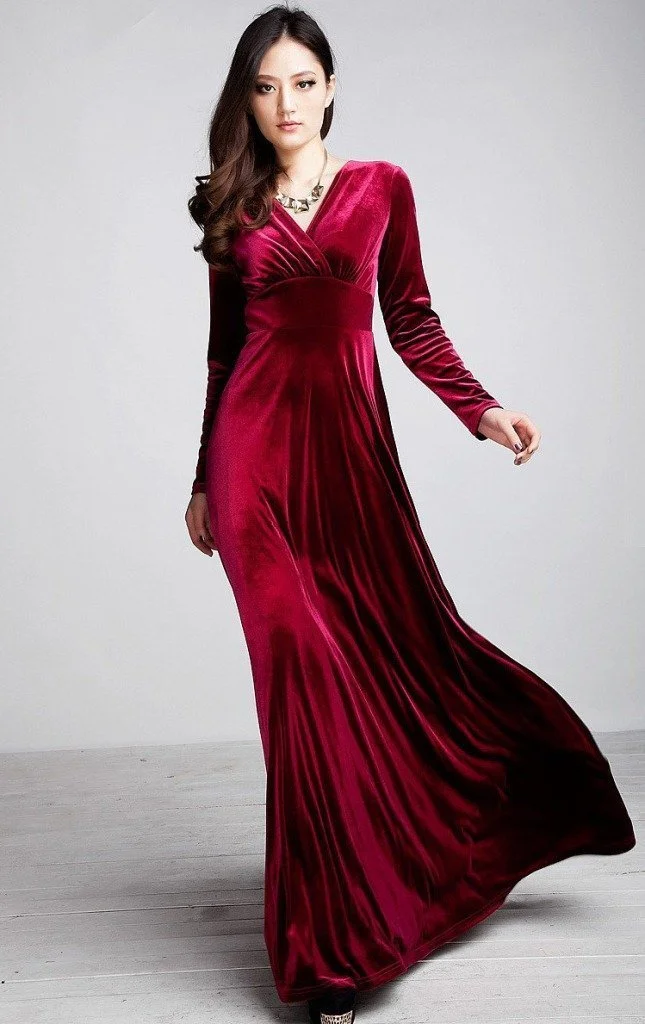V neck velvet long sleeve party dress