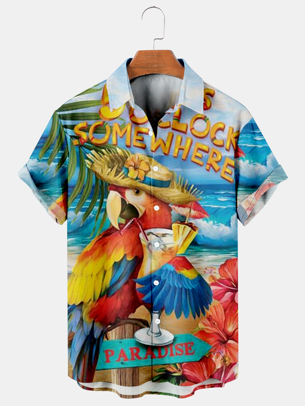 Men's Tiki Resort Parrot Print Hawaiian Short Sleeve Shirt PLUSCLOTHESMAN
