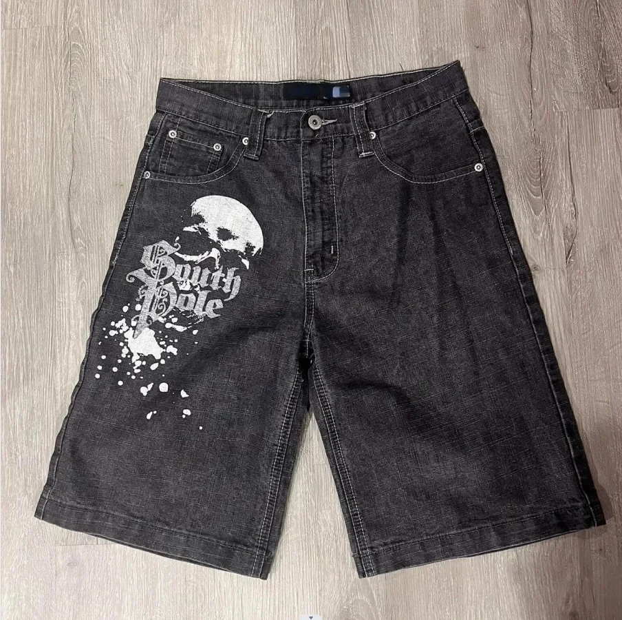 Aonga New Y2K Summer Gothic Retro Fashion Skeleton Shorts Men Women Harajuku Street Design Spliced Hip Hop Punk Loose Denim Shorts aonga