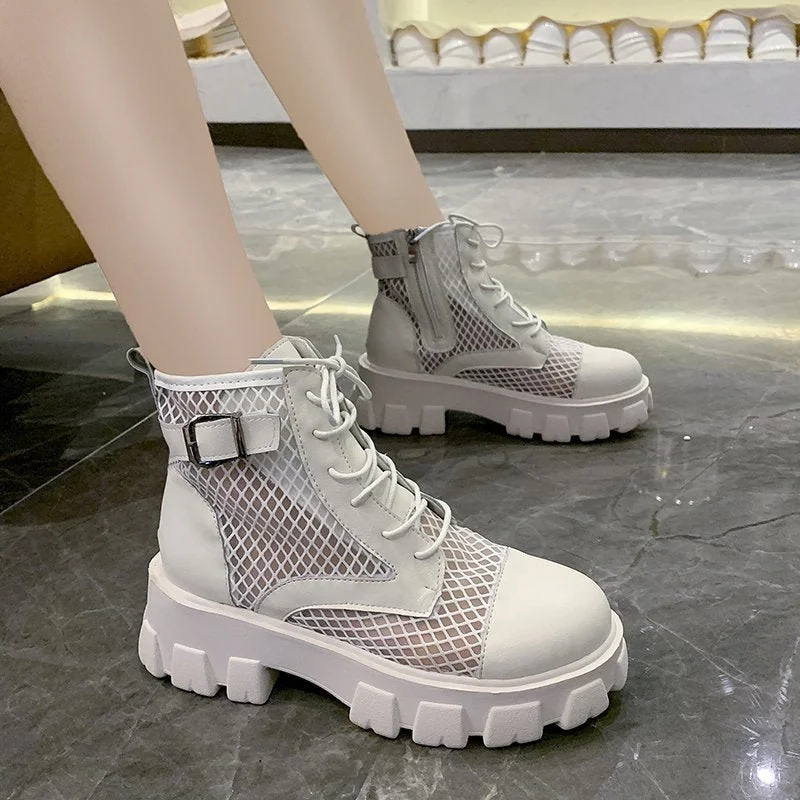 Classic Women Thick Bottom Black Mesh Summer Boots Round Toe Zipper Lace Up Platform Shoes Woman High Heels Ankle Botas
