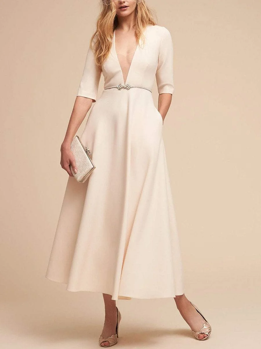 Elegant and simple V-neck mid-length sleeved A-line dress