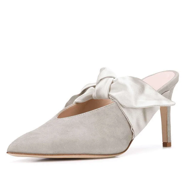 Grey Vegan Suede Pointed Toe Satin Tie Stiletto Heel Mules Shoes |FSJ Shoes