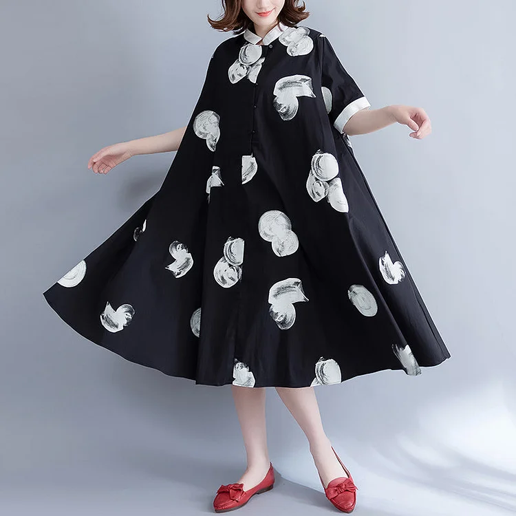 Boutique Black Prints Pure Chiffon Dress Oversize Chiffon Clothing Dresses Fine Big Hem Lapel Collar Chiffon Shirt Dress