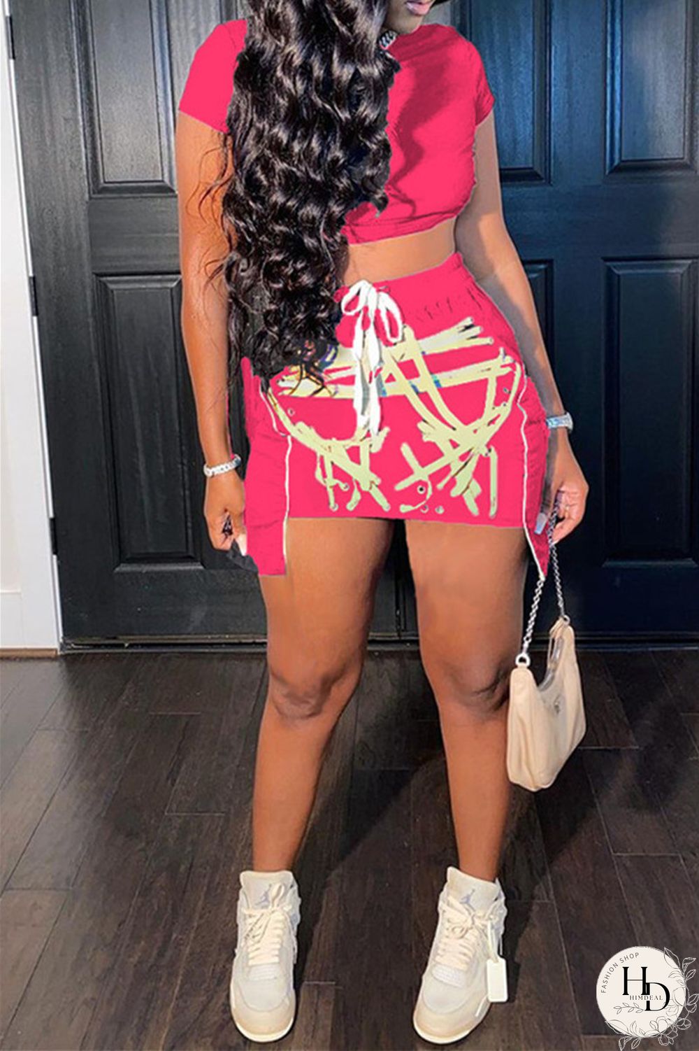 Red Fashion Sexy Print Asymmetrical O Neck Short Sleeve Two Pieces