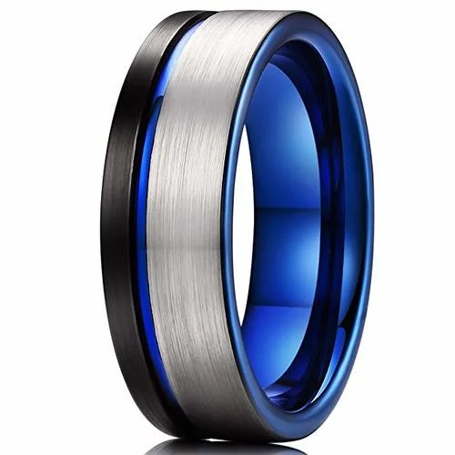 6MM 8MM 10MM Women's Or Men's Blue,Black and Silver / Gray Triple Tone Tungsten Carbide Wedding Rings Pipe Cut Flat Edges and Comfort Fit