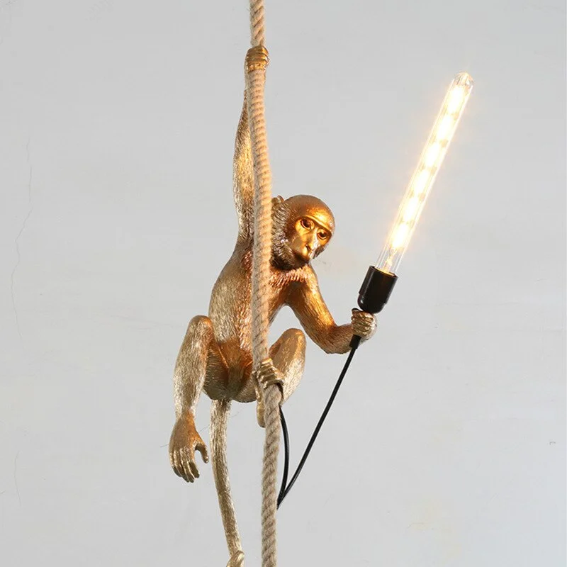 Modern Golden White Resin Monkey Pendant Lamp Suspension luminaire Loft Hemp Rope Pendant Light for Home Lighting