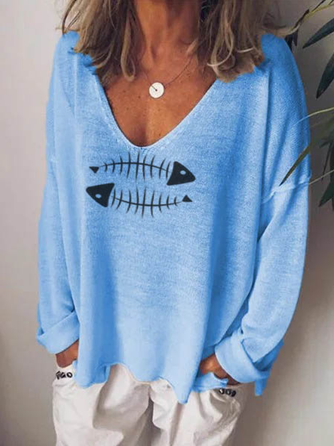 Cotton-Blend Casual V Neck Animal Shirts & Tops