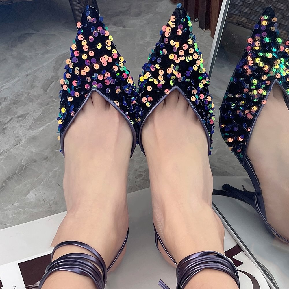 Multicolor Sequin Pointed Toe Pumps With Ankle Strap Stiletto Heel Nicepairs
