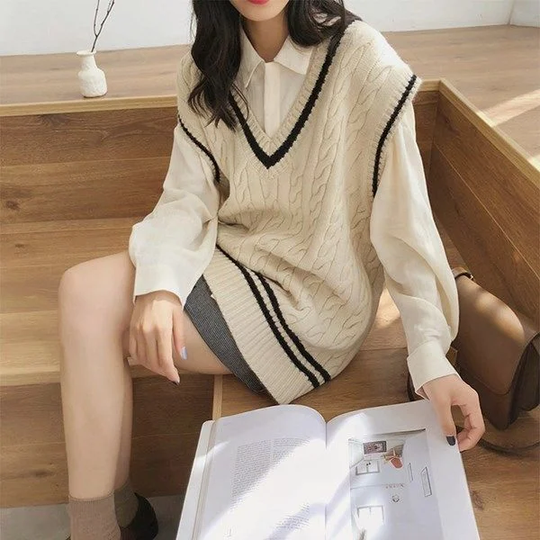 Sweater Vest Women Striped Preppy Style Loose Jumpers Womens Chic Ulzzang Fashion All-match Ins Sweaters Ladies Harajuku Leisure