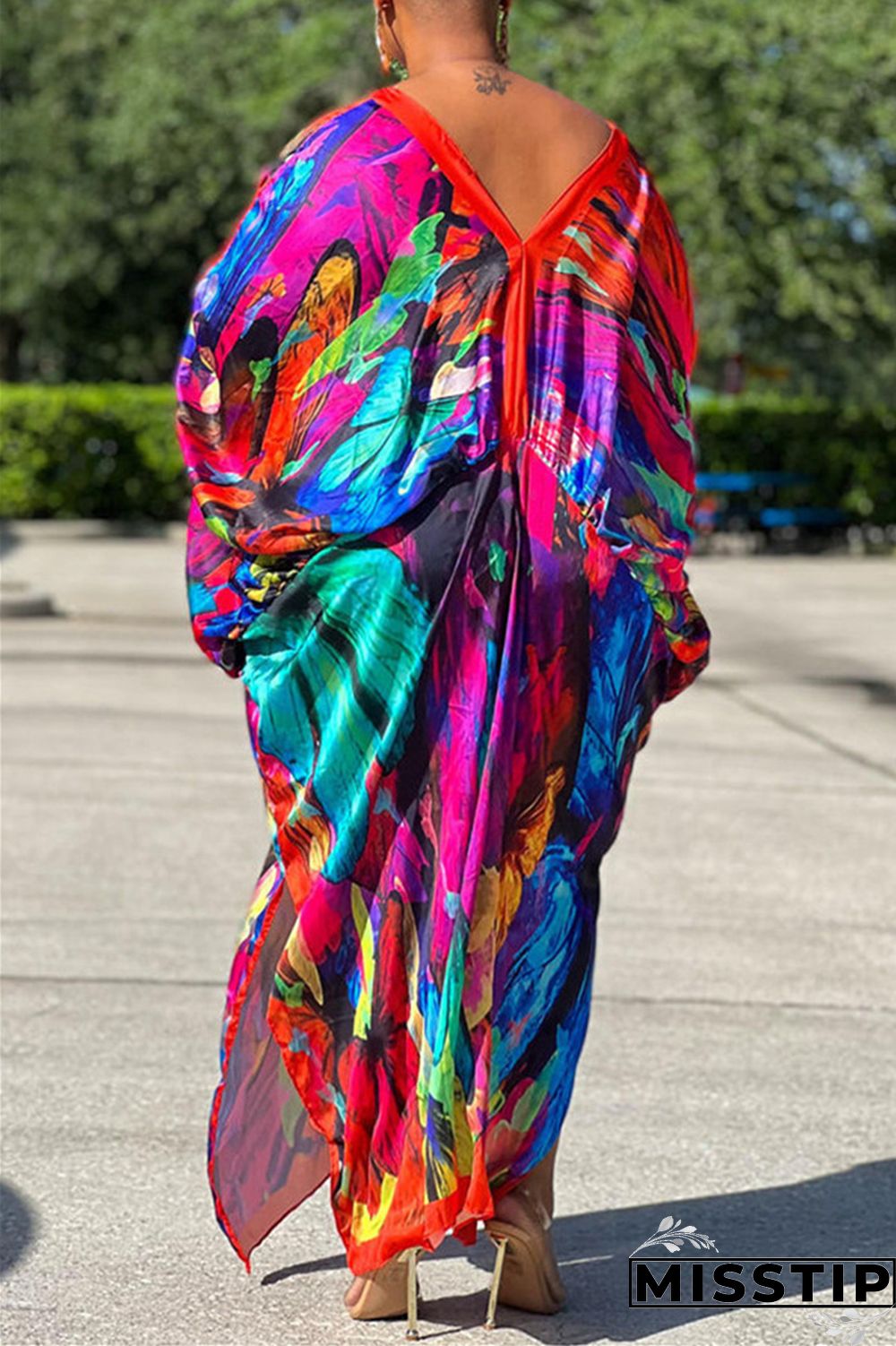 Red Gray Casual Print Patchwork V Neck Irregular Dress Plus Size Dresses