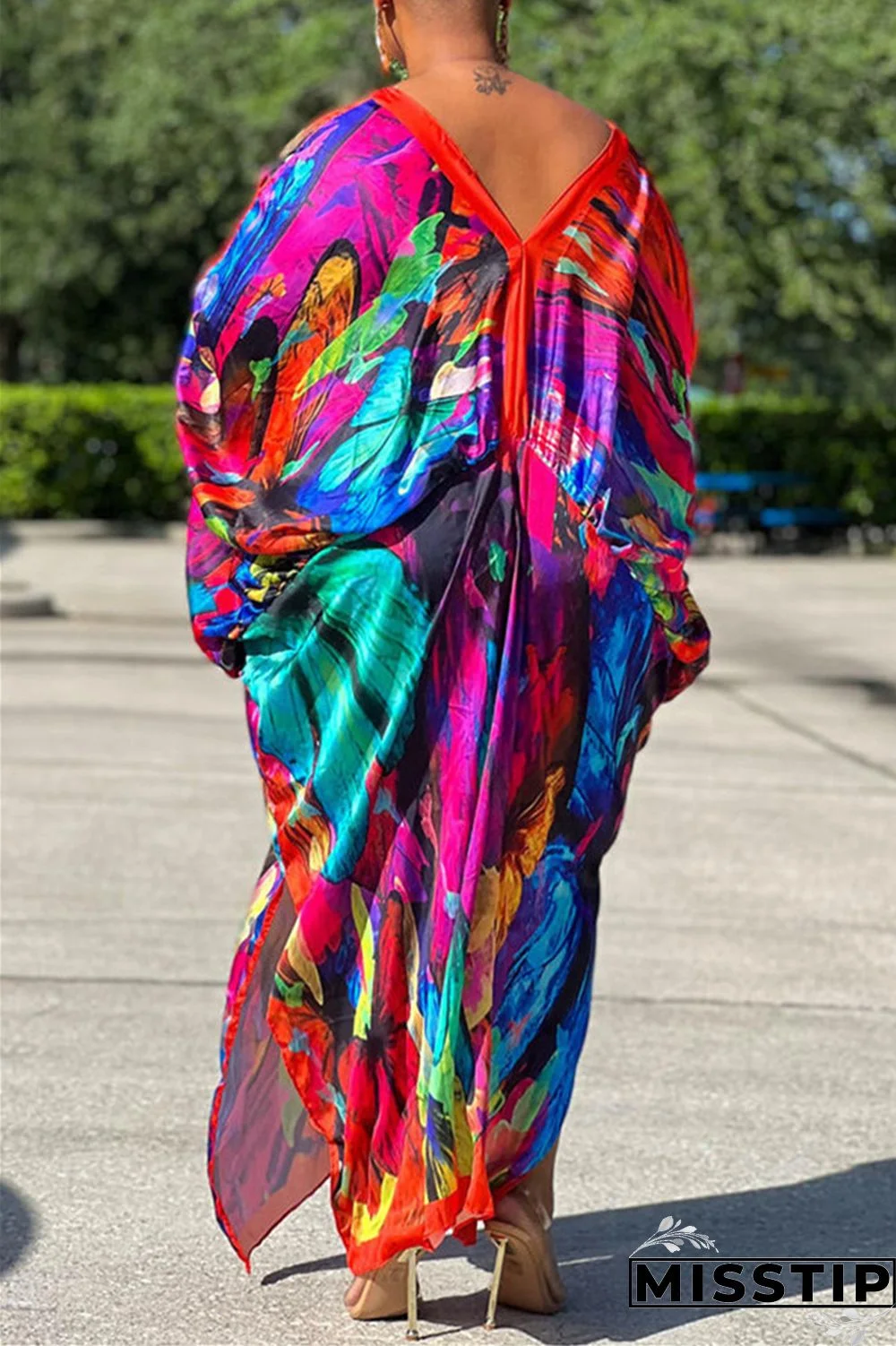 Red Gray Casual Print Patchwork V Neck Irregular Dress Plus Size Dresses