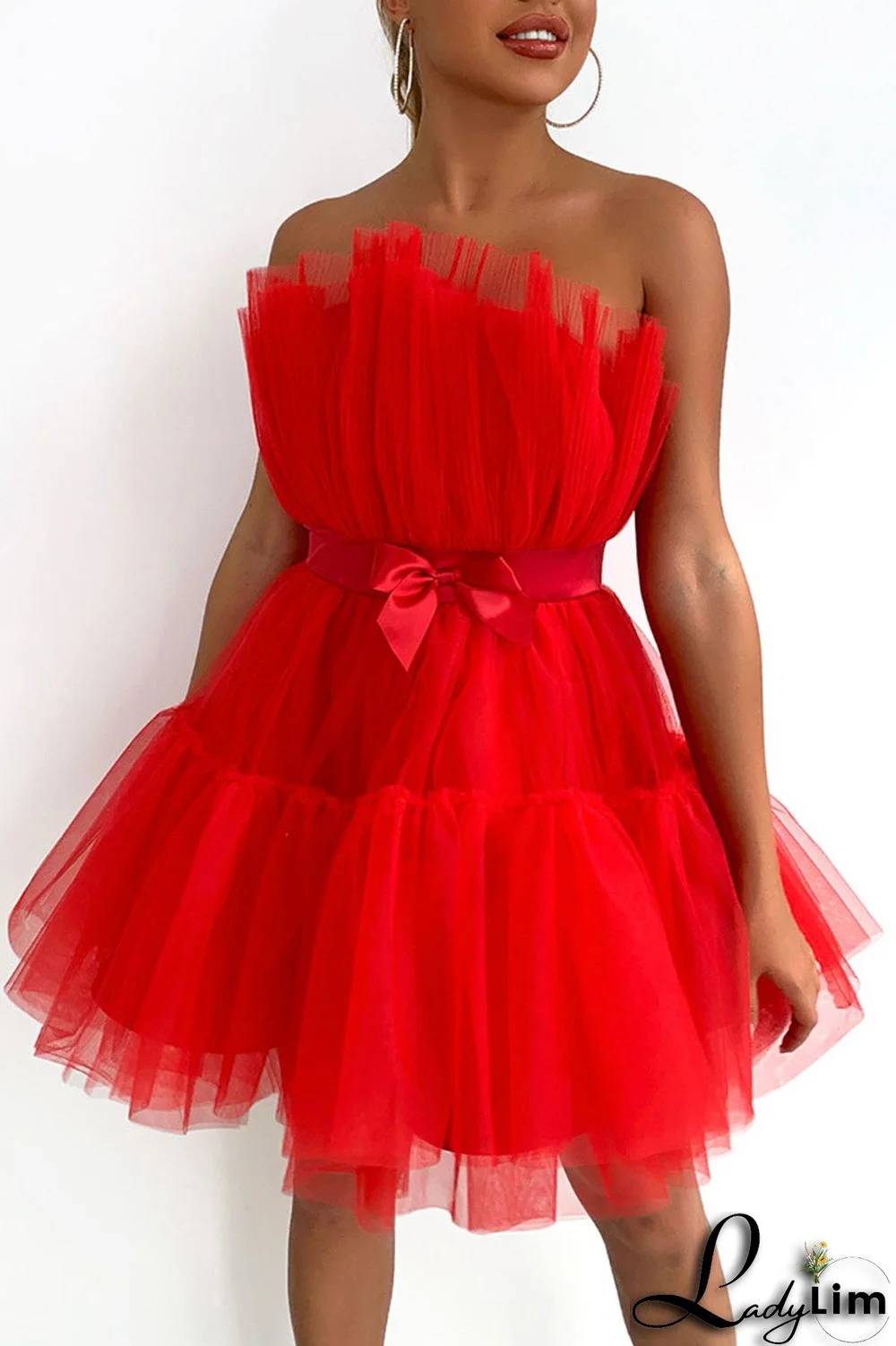 Red Sexy Solid Patchwork Asymmetrical Strapless Evening Dress Dresses