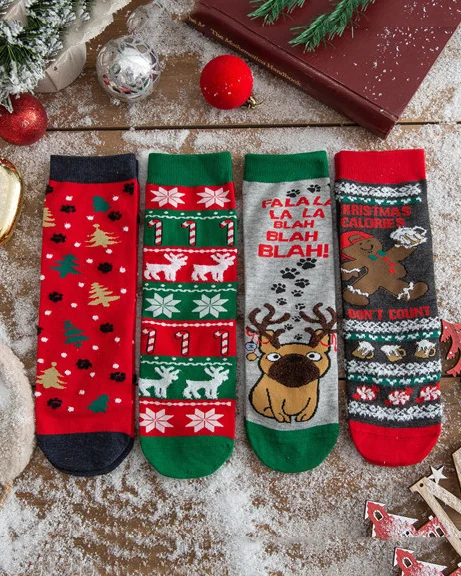 Christmas Cotton Santa Elk Candy Pattern Socks Set Everyday Party Outfits Holiday Gifts（4 pairs）