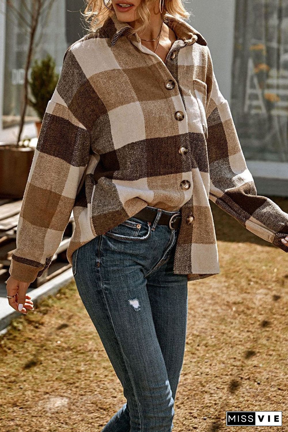 Casual Plaid Print Long Sleeve Coat