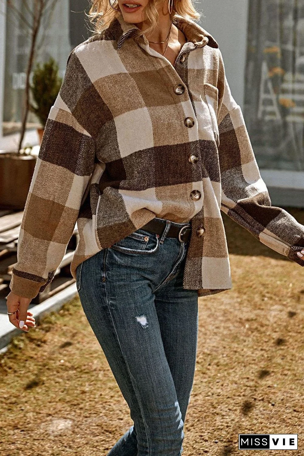 Casual Plaid Print Long Sleeve Coat