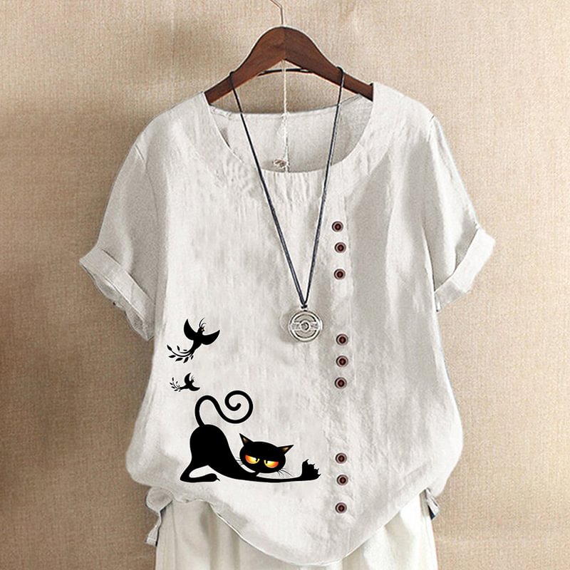 ⚡CHRISTMAS SALE⚡Casual Cat Print Cotton And Linen Blouse