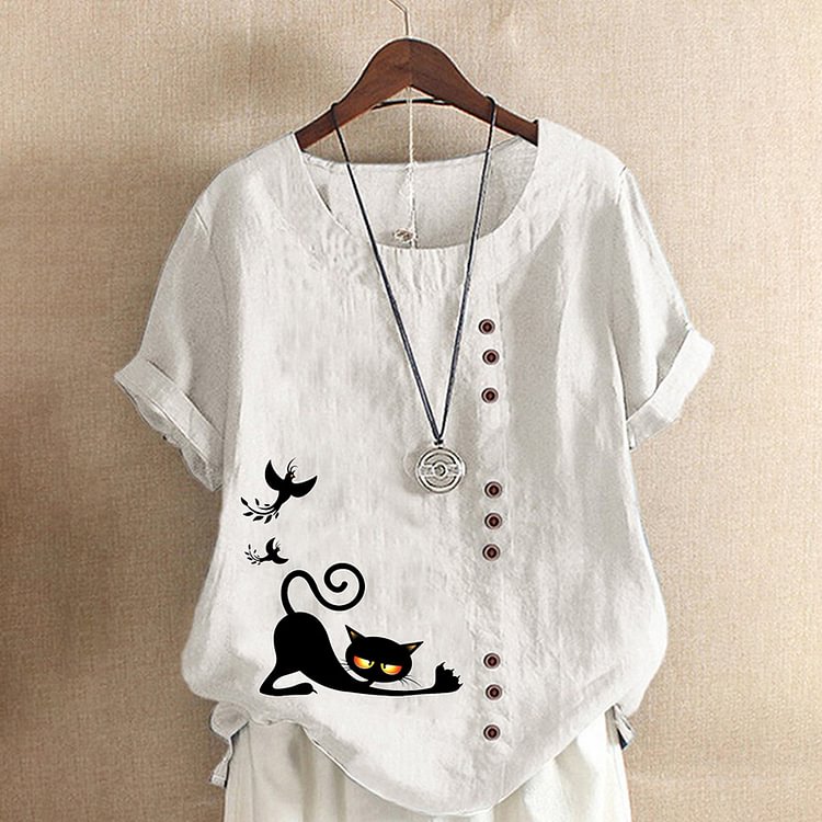 Artwishers Casual Cat Print Cotton And Linen Blouse