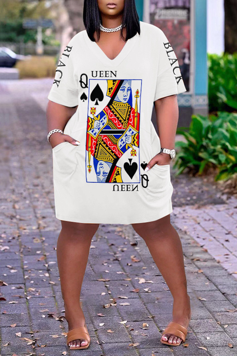 Plus Size Casual Poker Queen Print V Neck Short Sleeve With Pockets Midi Dress