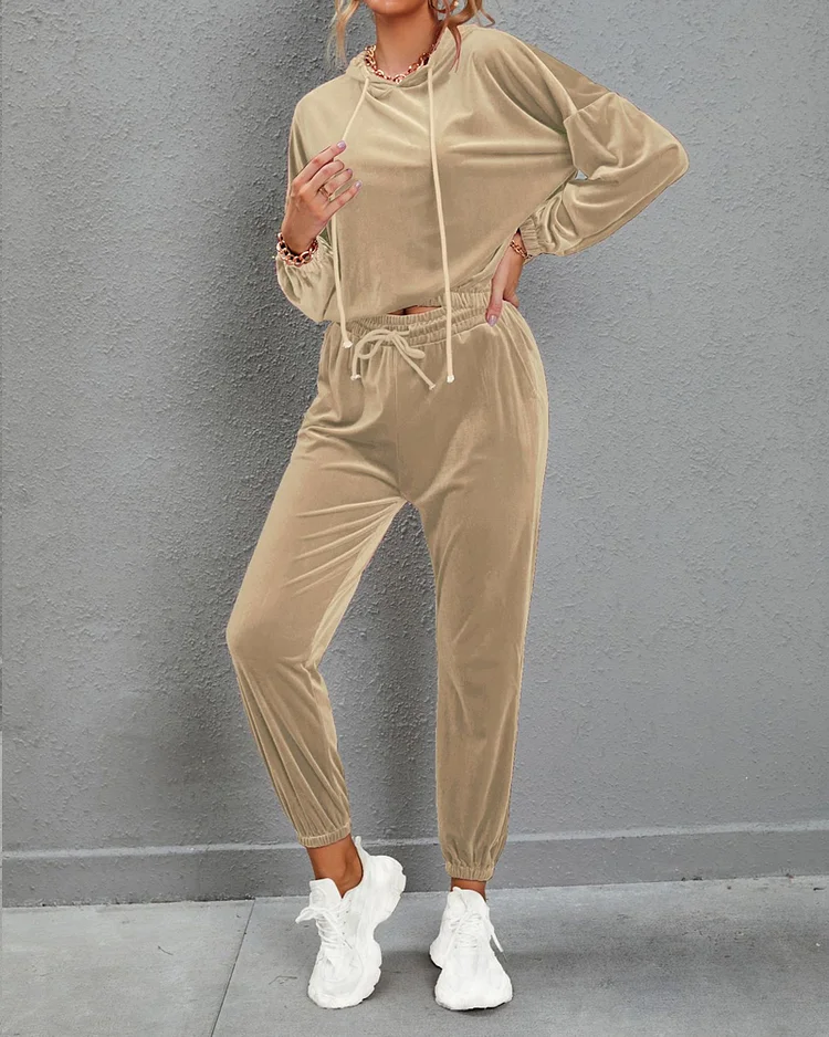 Solid Color Gold Velvet Hooded Long-sleeved Casual Suit