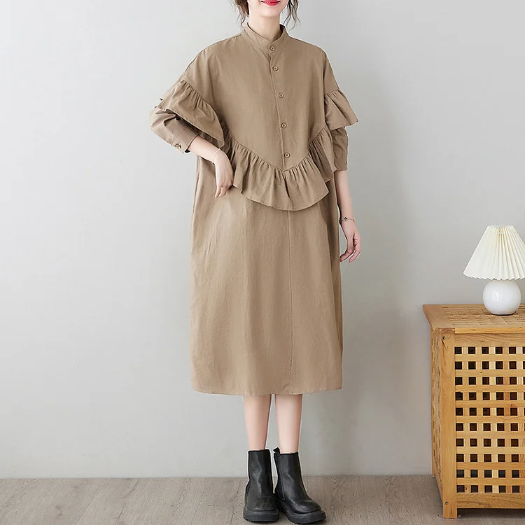 Literary Splicing Stand Collar Midi Dress